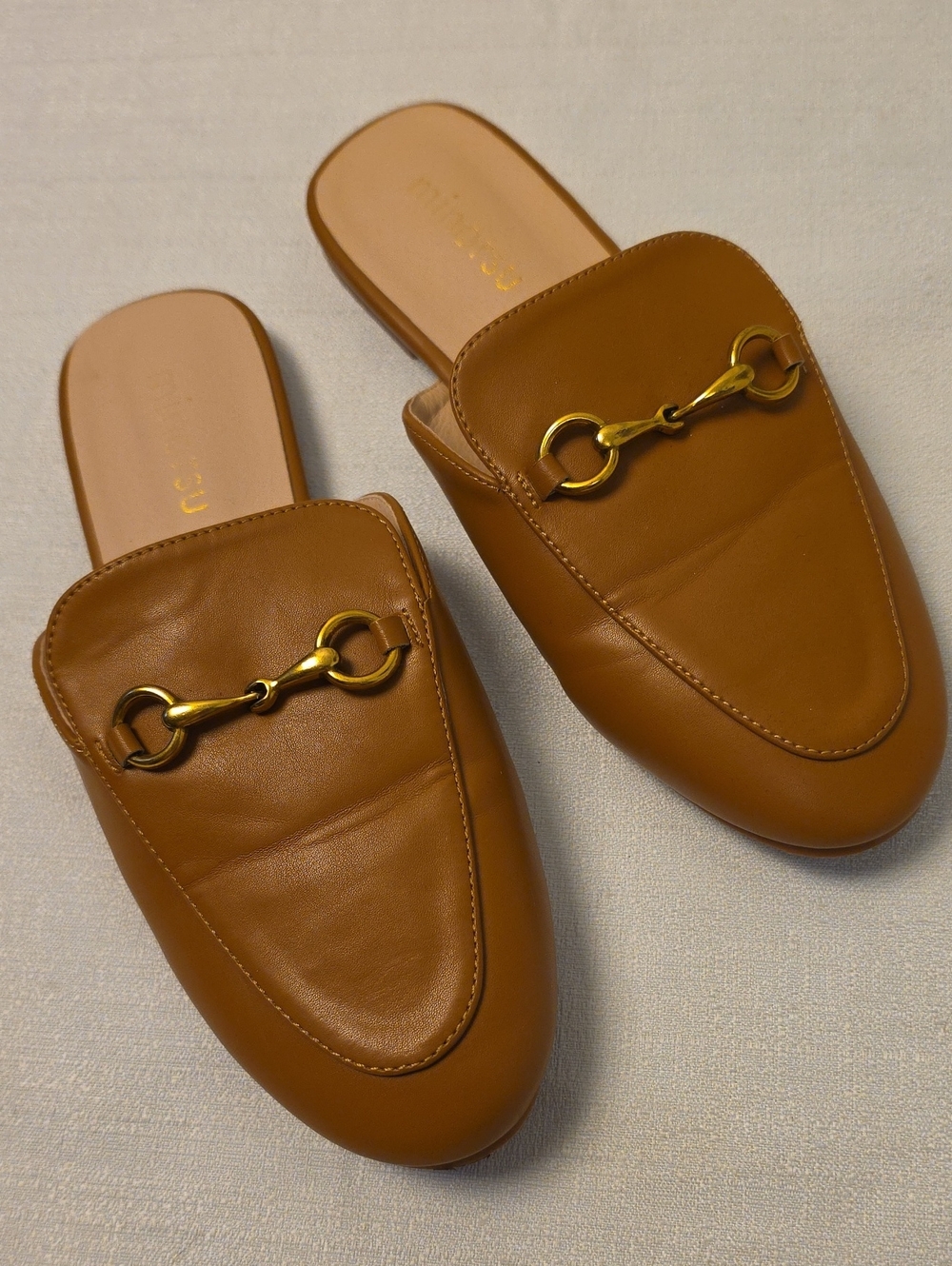 Minorsu Tan Leather Round Toe Backless Mules with Gold Horsebit Size 7 1/2